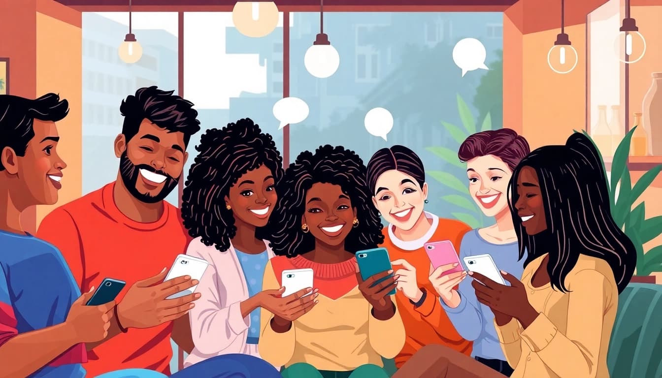 تعزيز التفاعل المجتمعي في شات الرياض مع مجموعة من الشخصيات المتنوعة في مقهى.