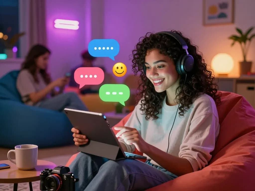 Engaging NSFW chat experience with lively AI character in a cozy virtual setting.