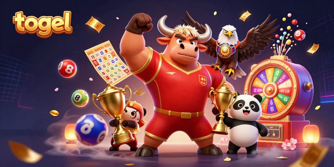 Engage in the togel excitement with energetic mascots and dynamic lottery elements in a vibrant scene.