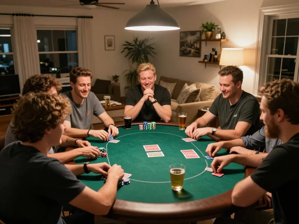 Players enjoying an engaging home poker night focusing on sunwin gaming strategies.