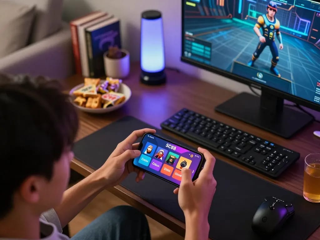 Player engaging with the SC88 app on smartphone during home game night, showcasing mobile gambling lifestyle.