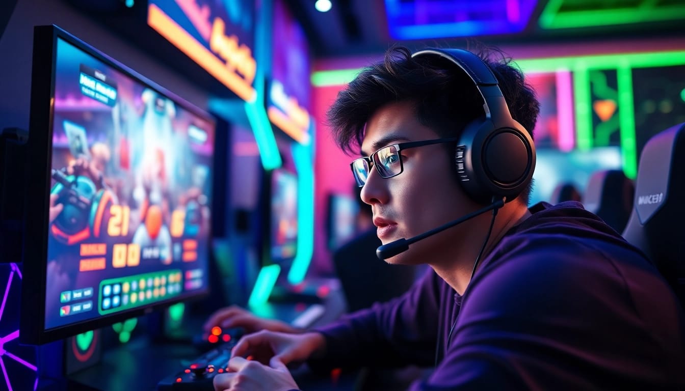 Main character playing qq macan game with vibrant graphics in an energetic gaming environment.