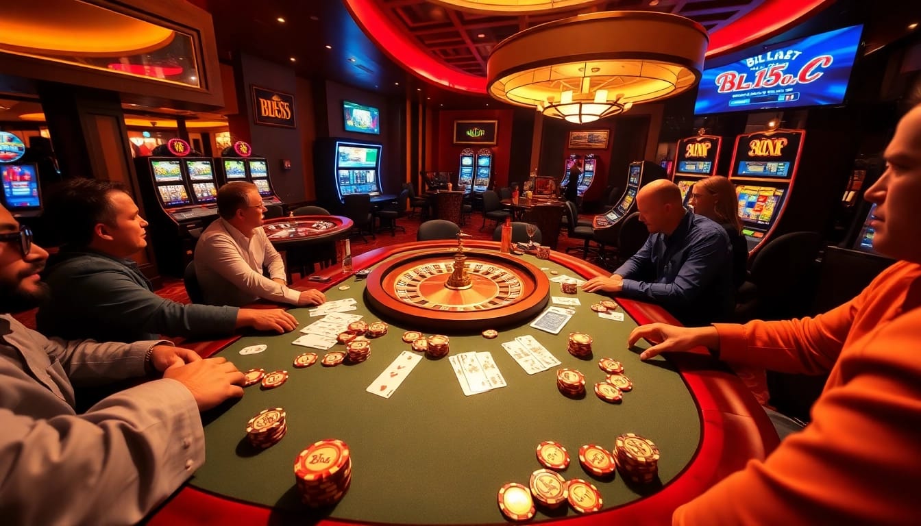 Players enjoying a vibrant casino atmosphere with BL555 branding on poker chips.