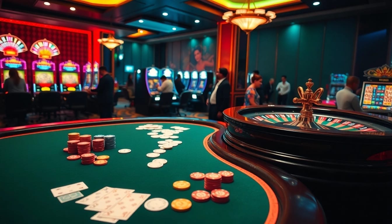 Experience the thrill of gambling at 98win trang chu with an elegant casino scene showcasing poker and roulette.