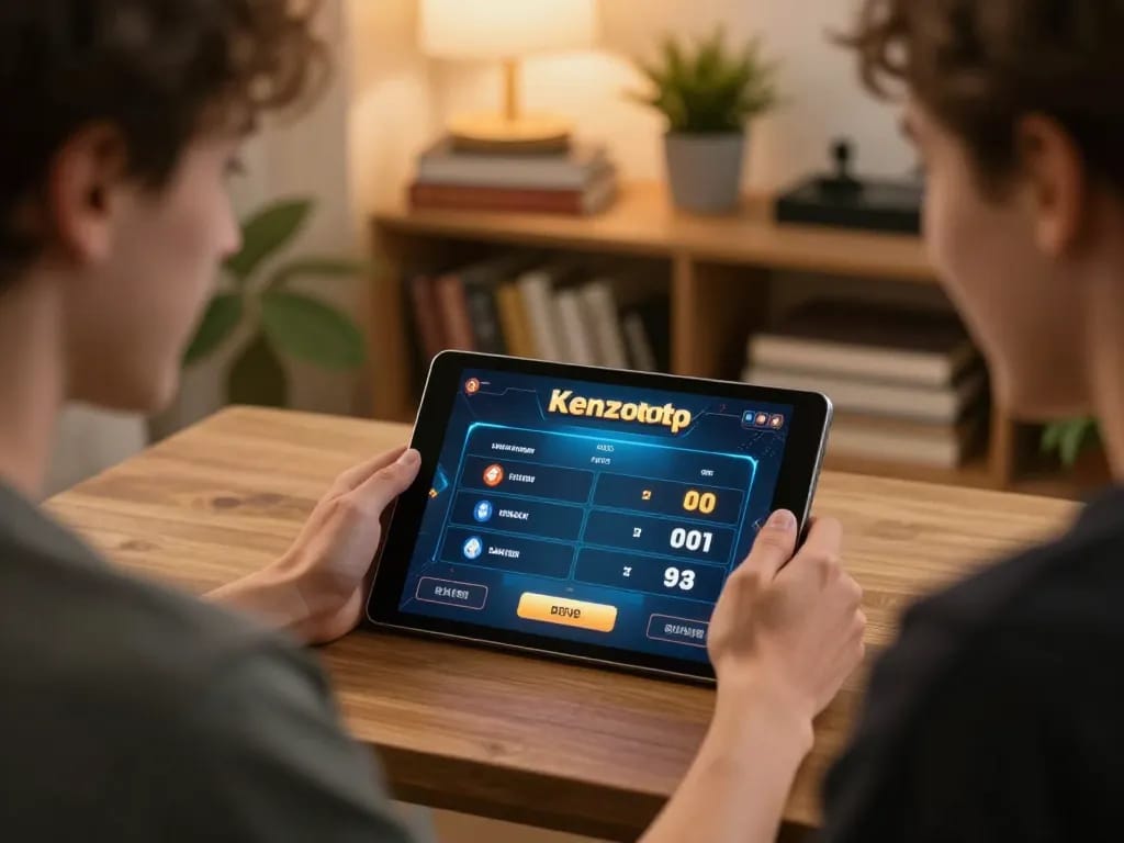 Pengaturan permainan online Kenzototo dengan pemain yang terlibat dalam taruhan strategis di tablet.