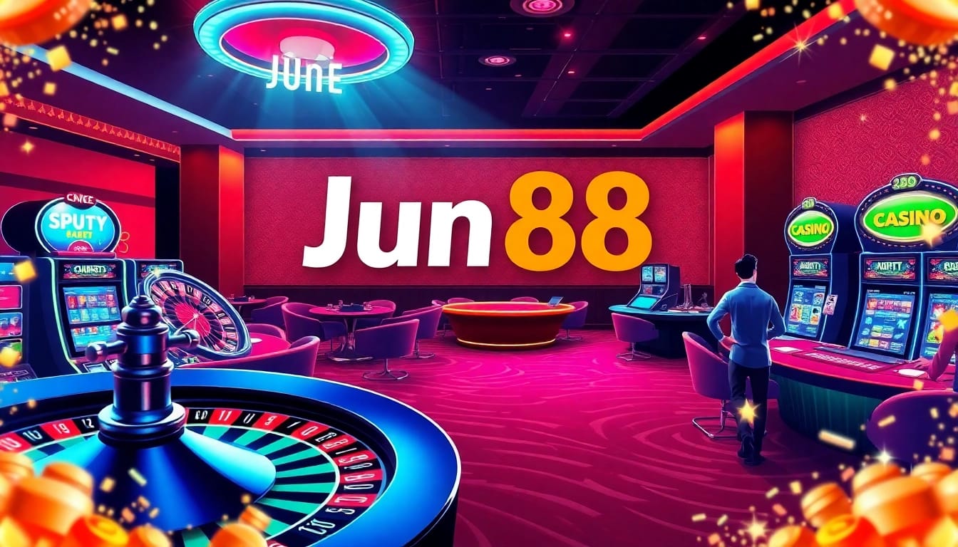 Players enjoying an exciting game at Jun88 online casino with vibrant slot machines and roulette.