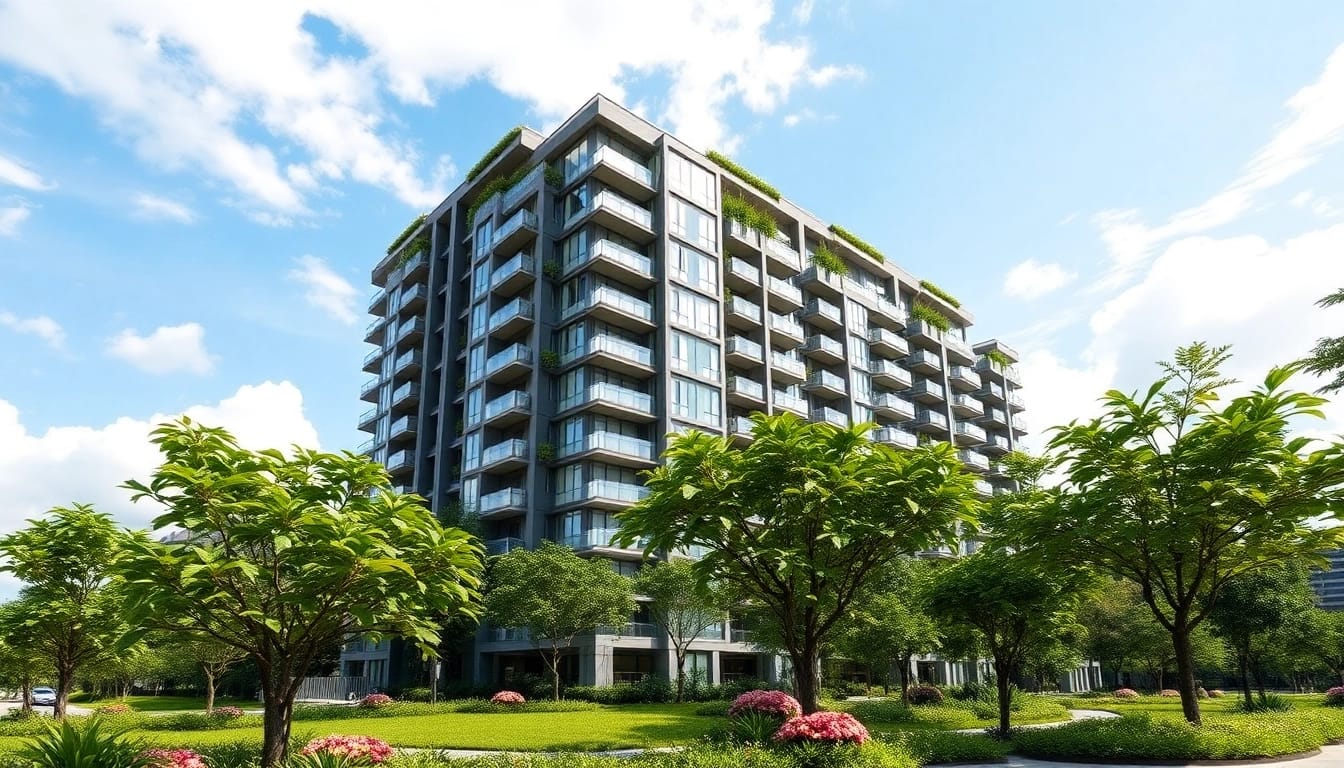 Render of tampines st 95 ec luxury condominium with modern architecture and lush landscaping