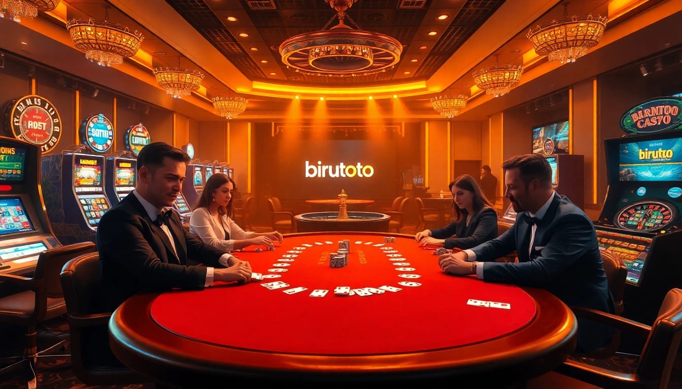 Mengundang pemain di meja poker mewah, menampilkan kegembiraan kasino bertema Birutoto.