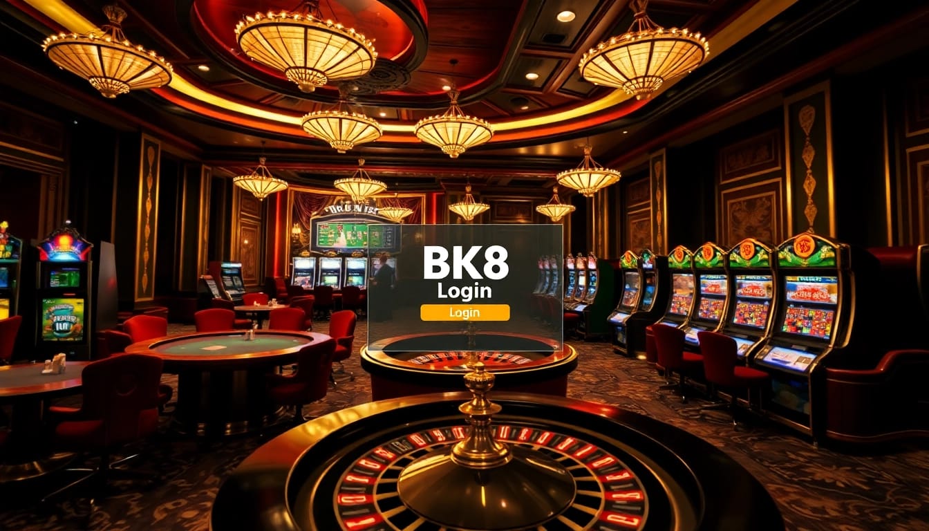 Gamblers engaging in a lively BK8 login experience at a luxurious casino setting.