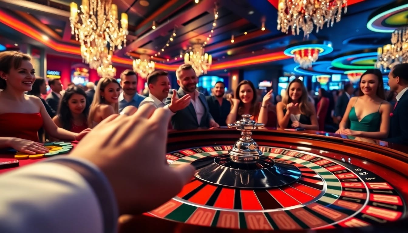 Players immersed in a casino roulette game, showcasing excitement and vibrant setting.