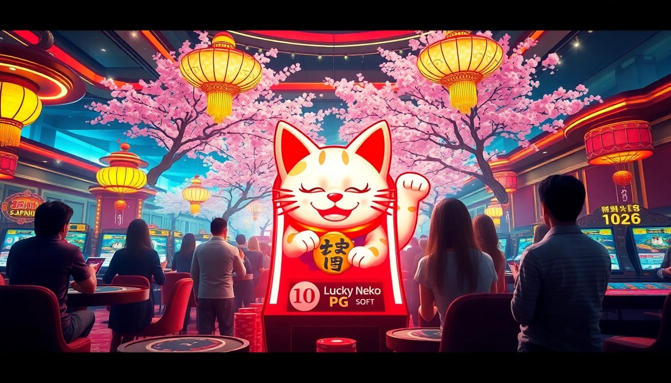 Win big with Lucky Neko PG Soft รับฟรี 100 at a vibrant Japanese-themed casino slot machine.