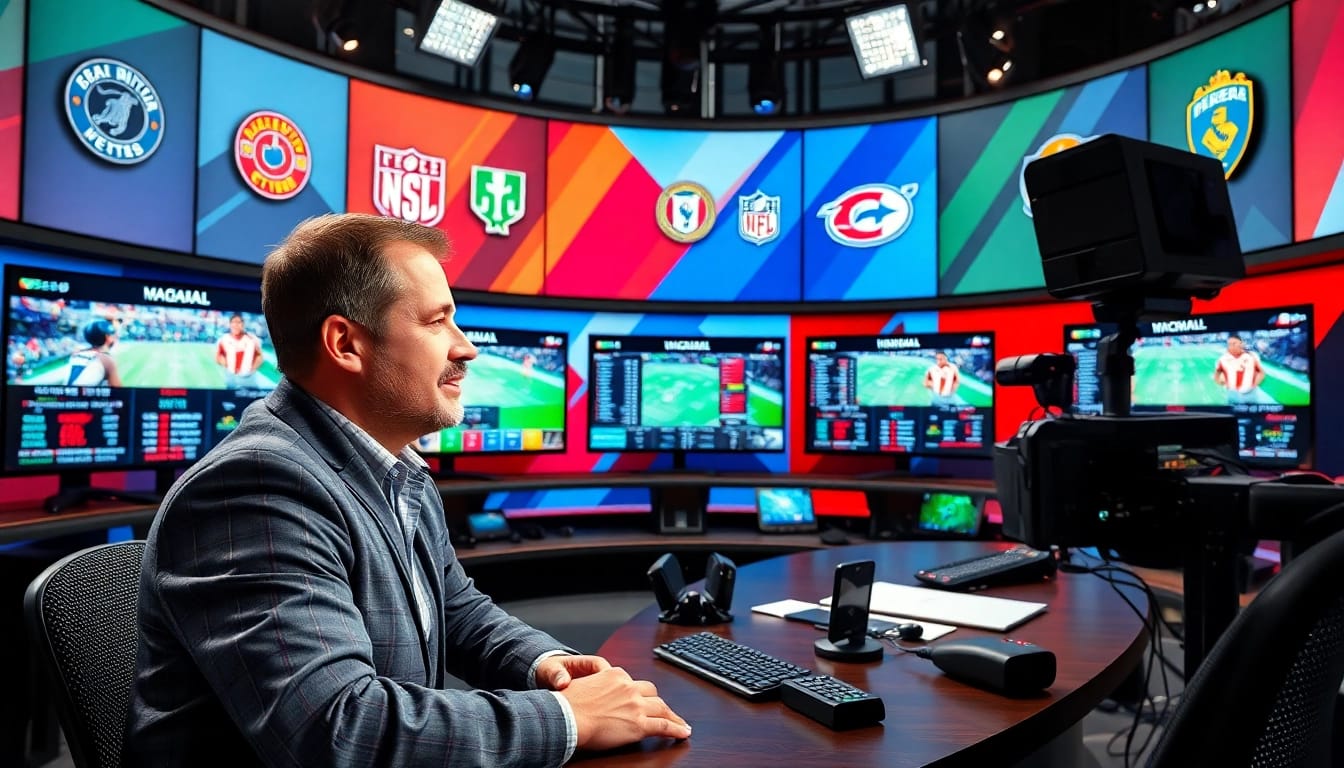 Engaging sports broadcasting studio showcasing an analyst with live statistics.