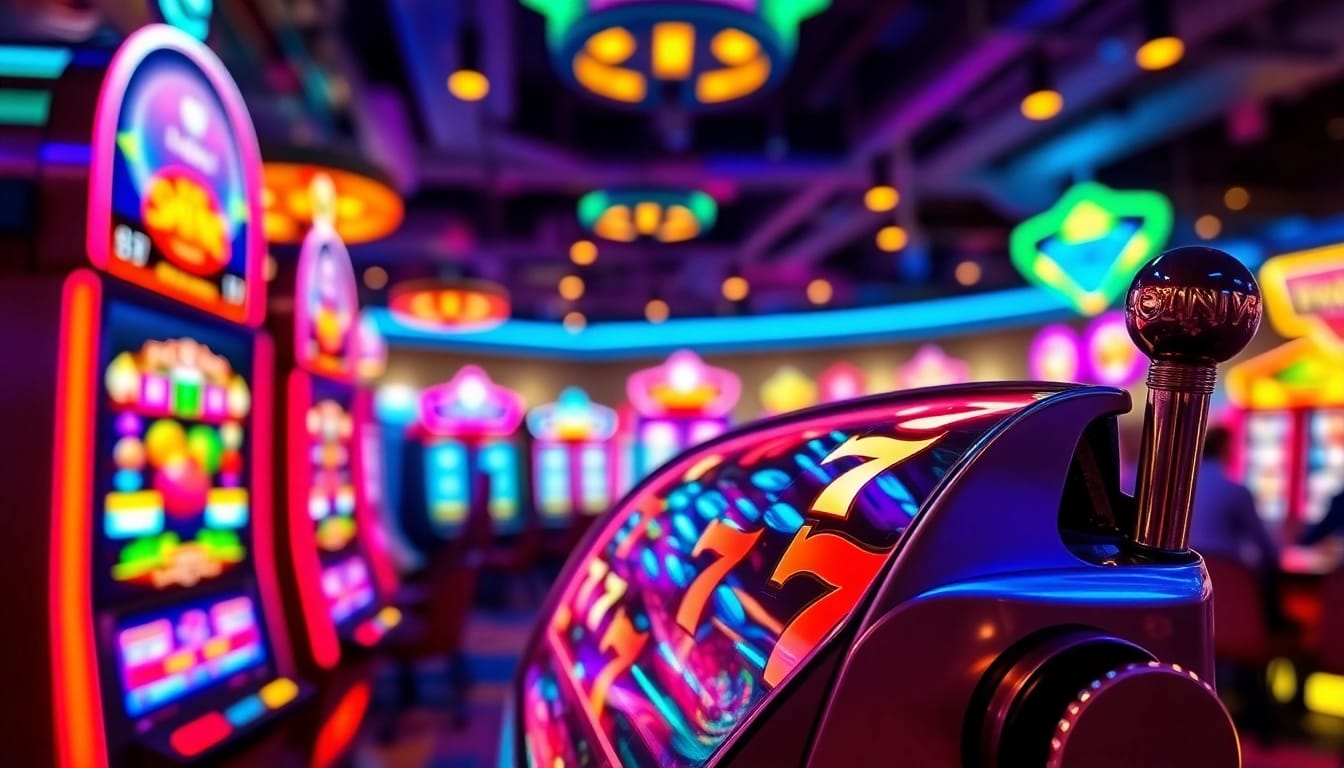 Menang besar bermain Slot Game di mesin slot berkilau di kasino.