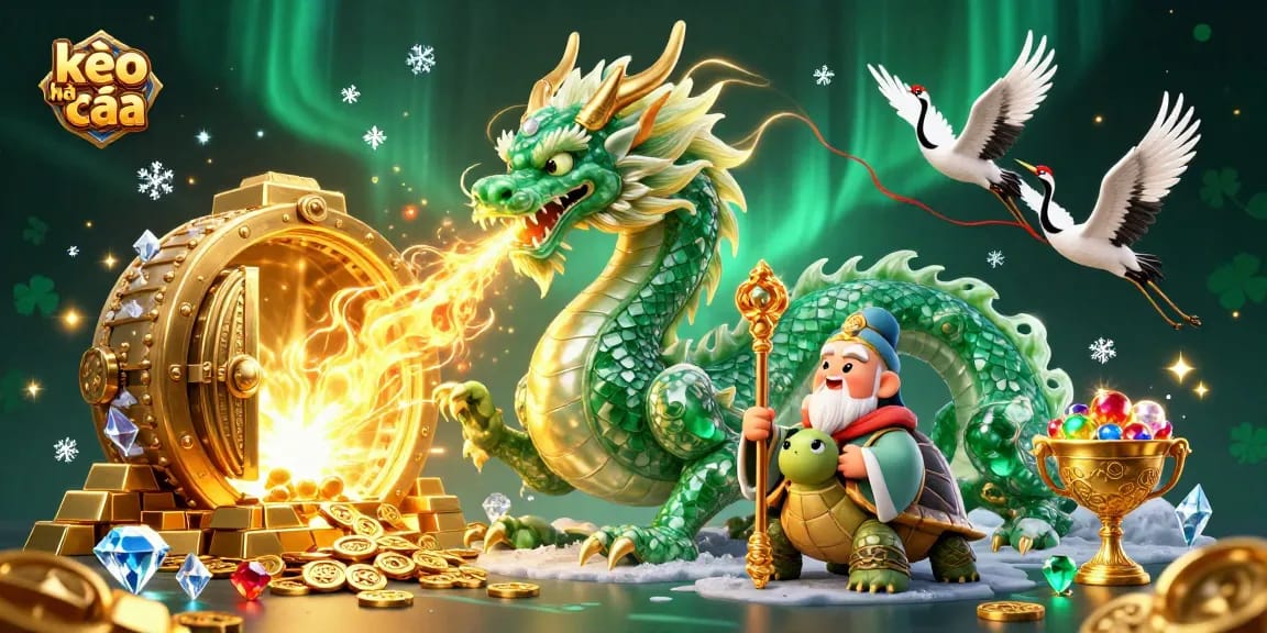 Bet on kèo nhà cái with a vivid scene of dragons, turtles, and lucky symbols illustrating the casino experience.