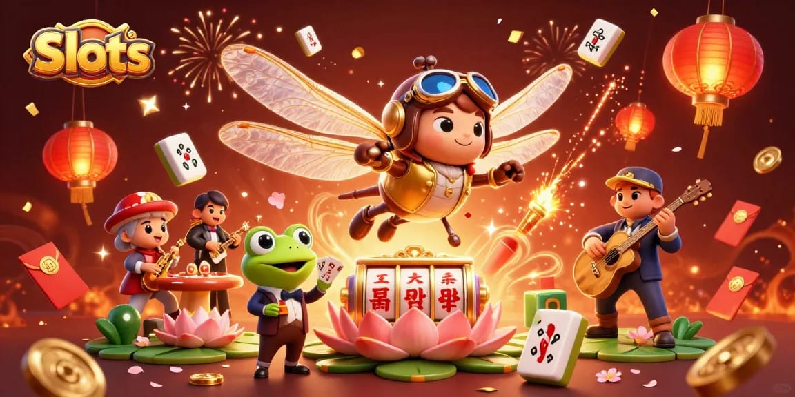 Engage with joyful Slots action as a cartoon dragonfly pilot floats above a lily pad casino.