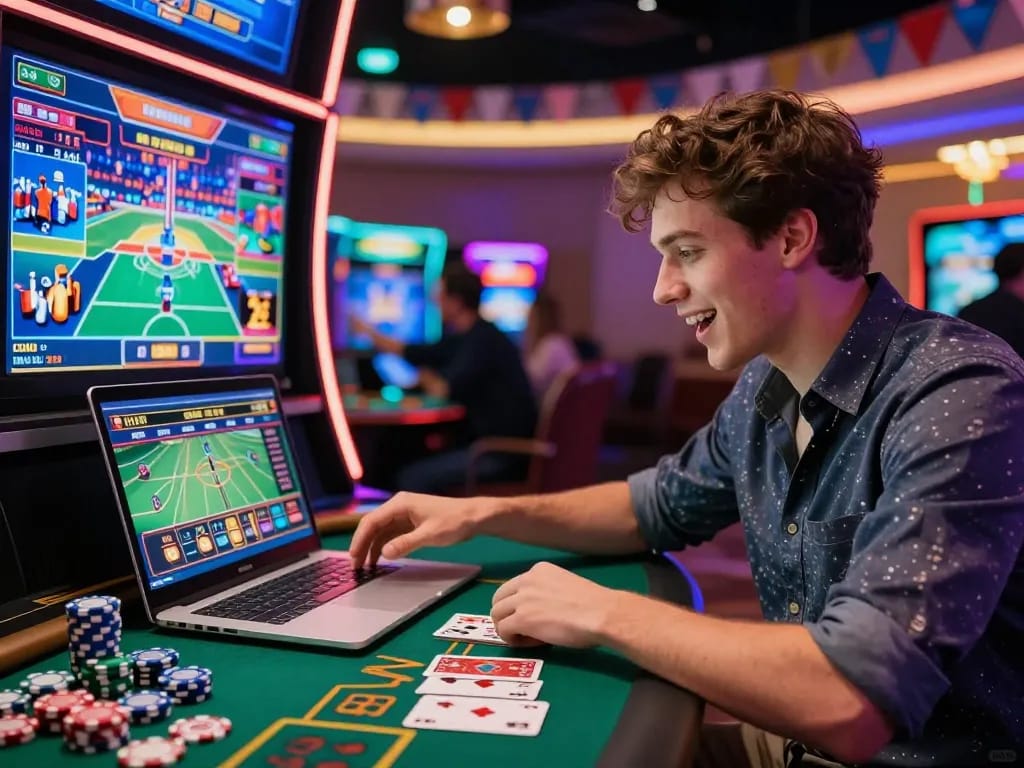 An enthusiastic player engaging with online betting at Onbet, showcasing the thrill of link vào onbet for casino games and sports betting.