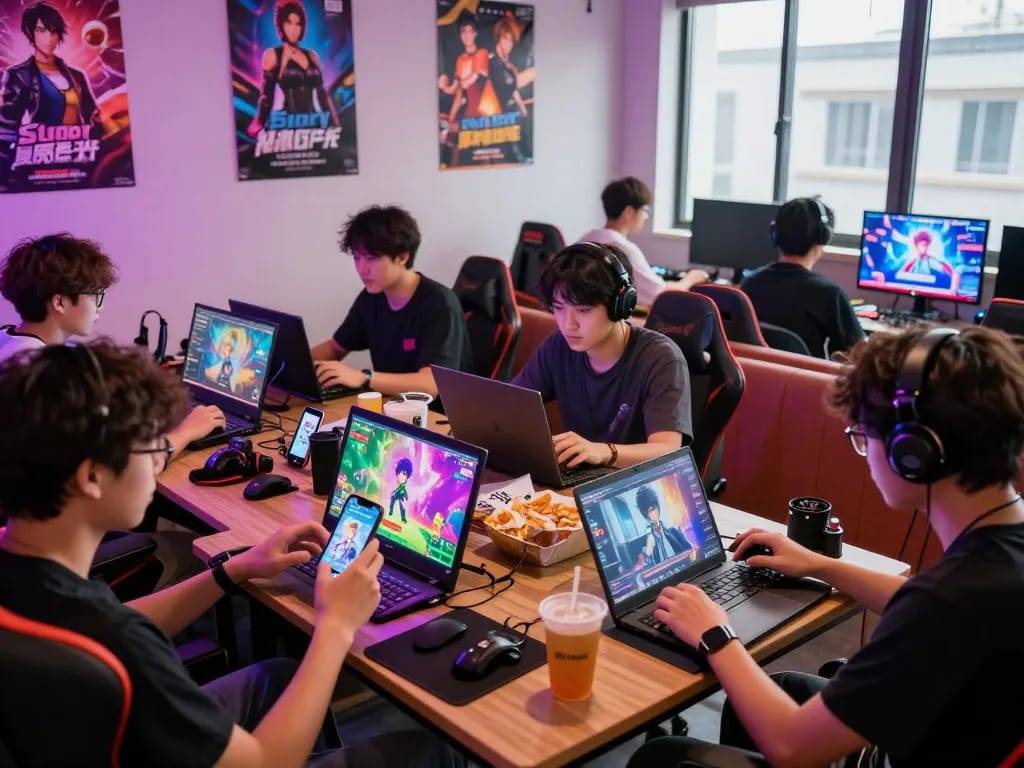 Players immersed in free porn games at a lively gaming lounge with vibrant decor and devices.