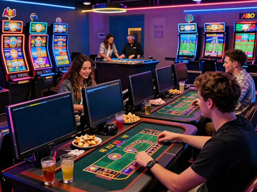 A80 casino gaming scene with friends enjoying diverse games, including roulette and sports betting, in a vibrant lounge atmosphere.