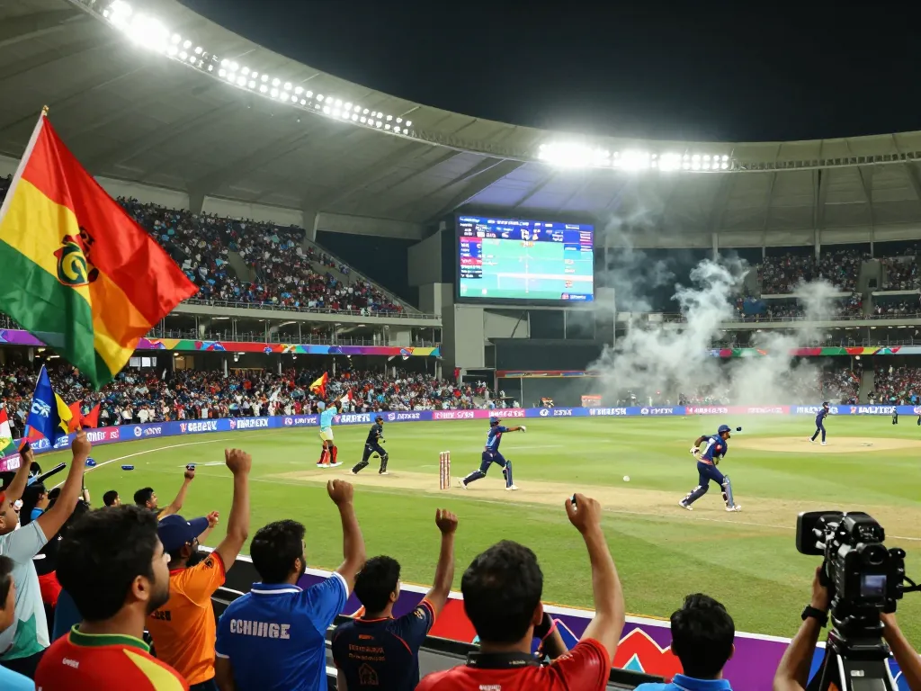 Dynamic cricket match scene at T20 World Cup 2026 showcasing crickex exchange excitement in vibrant stadium.