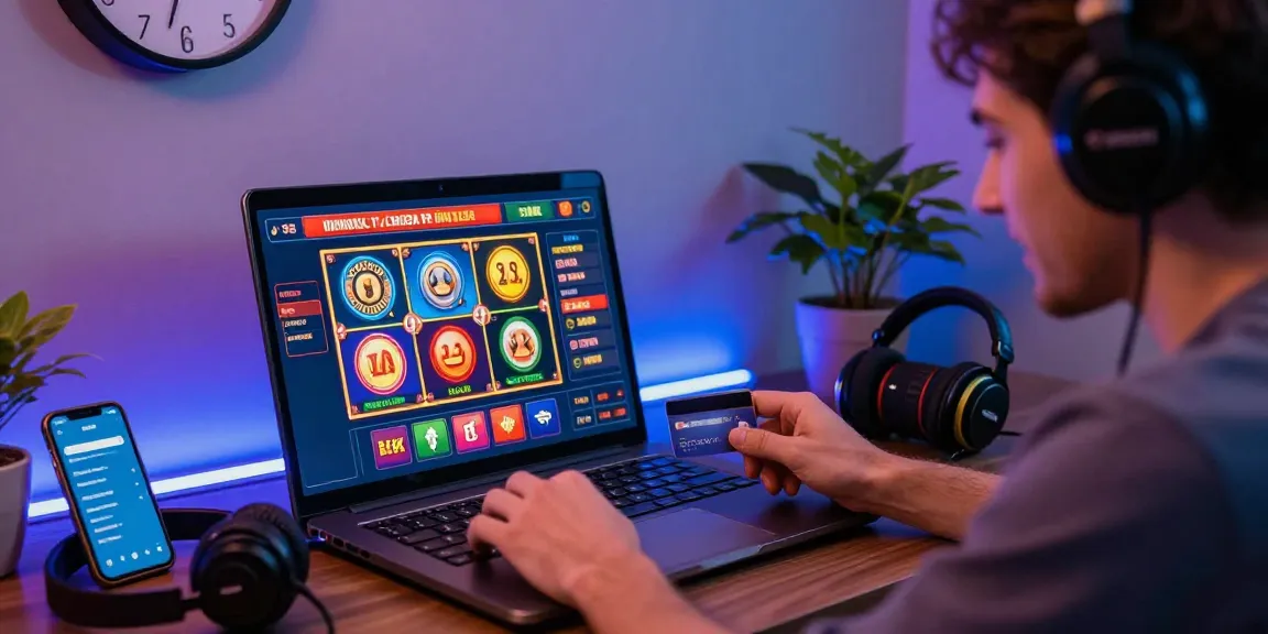 Engaged player enjoying credit card online casinos at home, celebrating a win with vibrant screen displays.