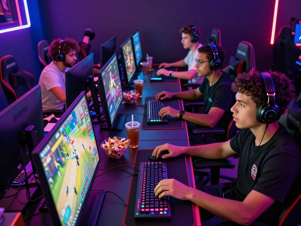 Intense gamers enjoying a porngame in a vibrant, neon-lit gaming room atmosphere.