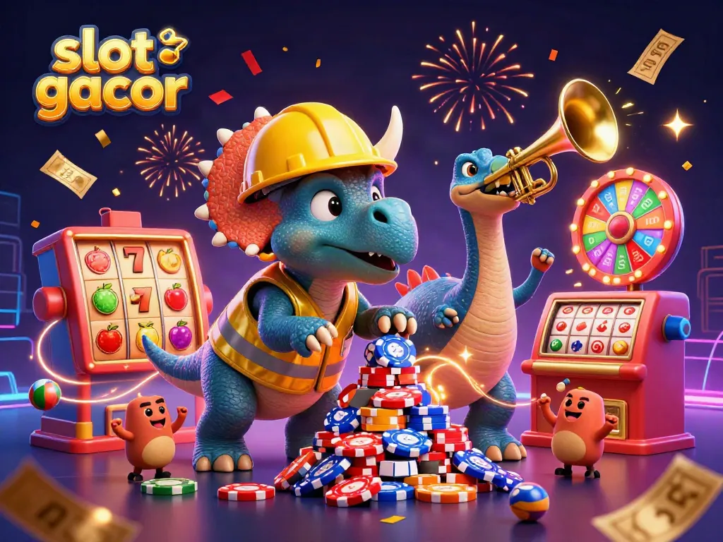Experience the excitement of slot gacor with a vibrant scene of dinosaurs celebrating a jackpot.