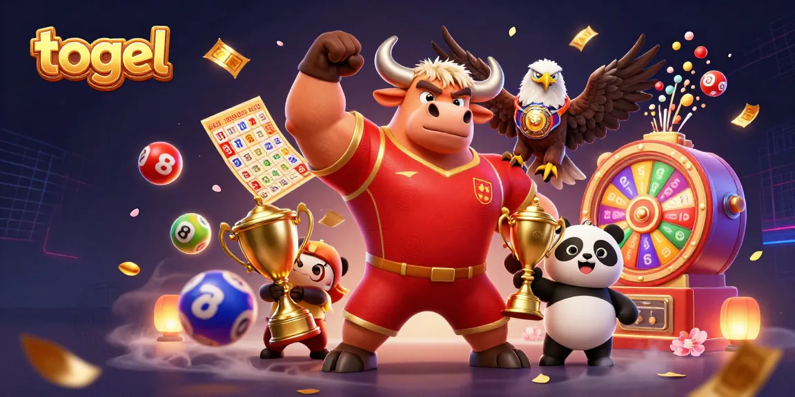 Engage in the togel excitement with energetic mascots and dynamic lottery elements in a vibrant scene.