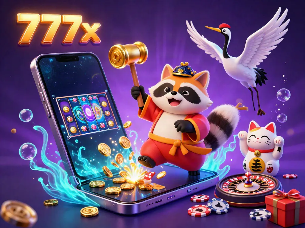 Experience thrilling gaming action with 777x in a vibrant 3D scene featuring lucky tanuki and fortune cats.