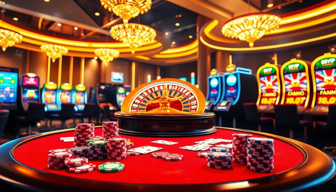 A dynamic online casino scene at 68VIP.COM featuring vibrant poker chips and a roulette wheel.