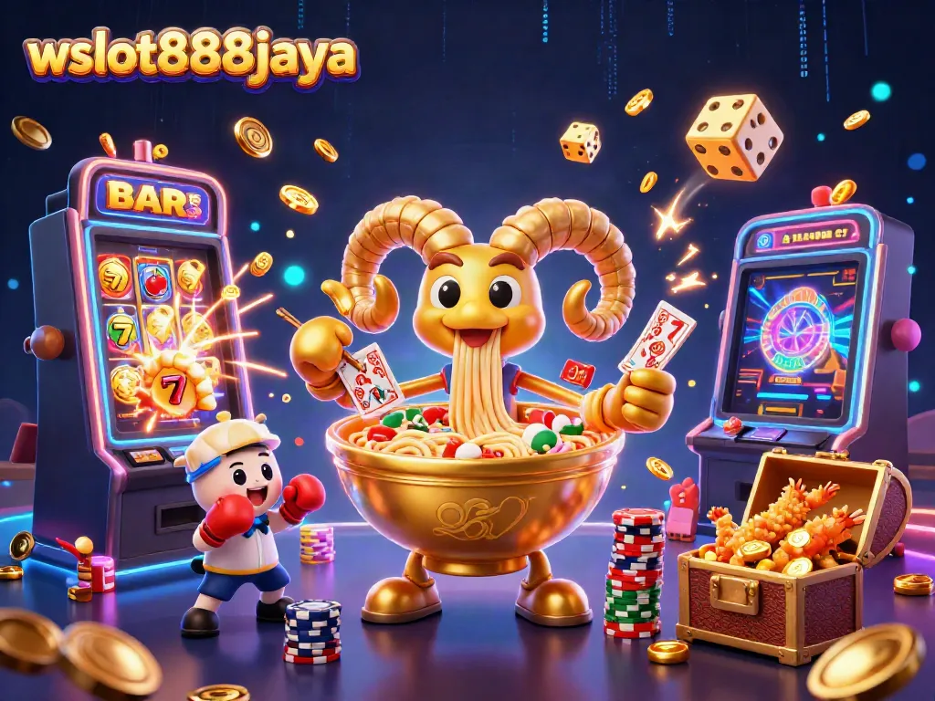 Gambaran animasi 3D berwarna-warni dari wslot888jaya, menampilkan karakter kasino yang menarik dengan slot jackpot.