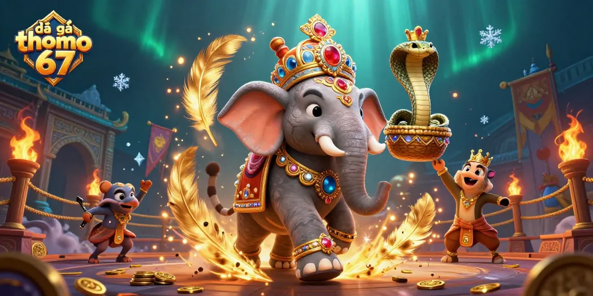 Bet on đá gà thomo 67 in a vibrant cockfighting arena featuring exotic characters and immersive details.