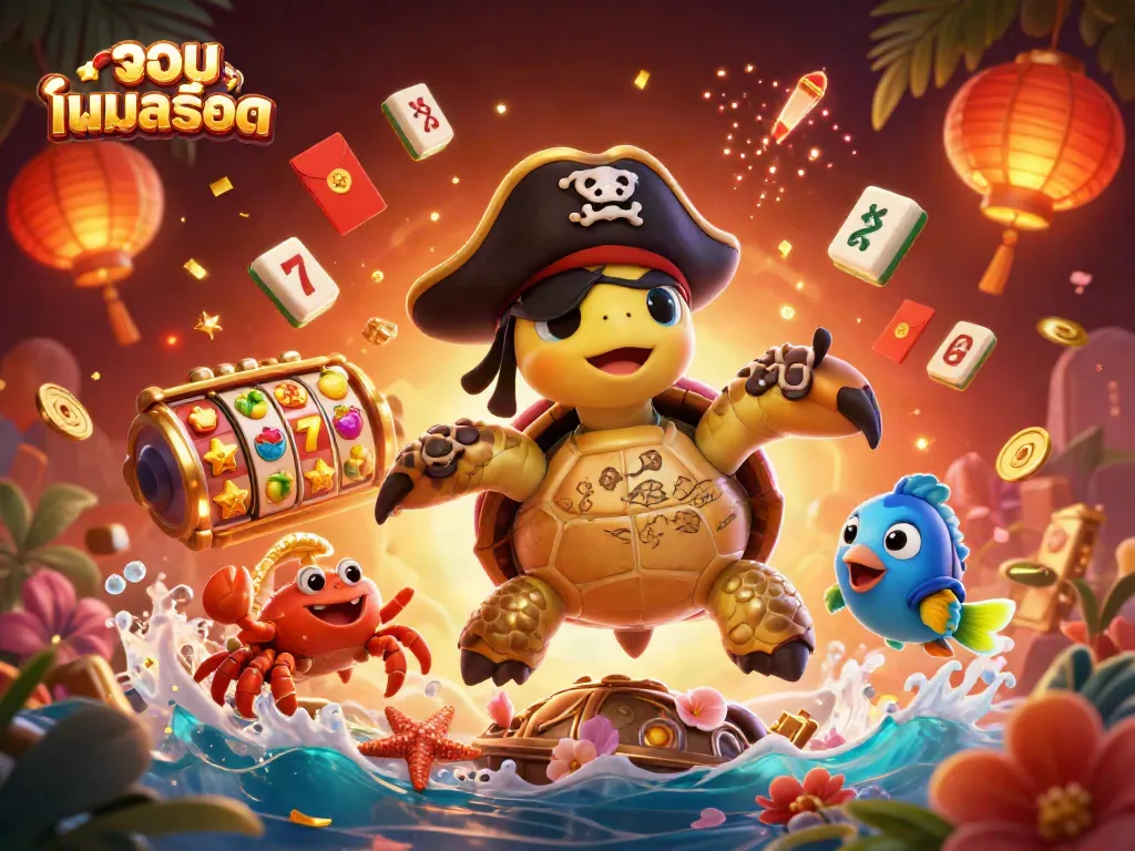 Engage in รวมเกมสล็อต with vibrant 3D characters enjoying dynamic slot reels and festive elements.