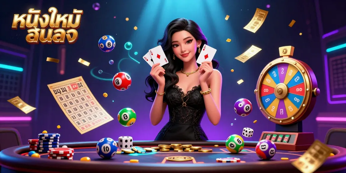 Experience หนังใหม่ชนโรง with an elegant Asian woman in a casino, holding two ace cards amid dynamic gaming elements.