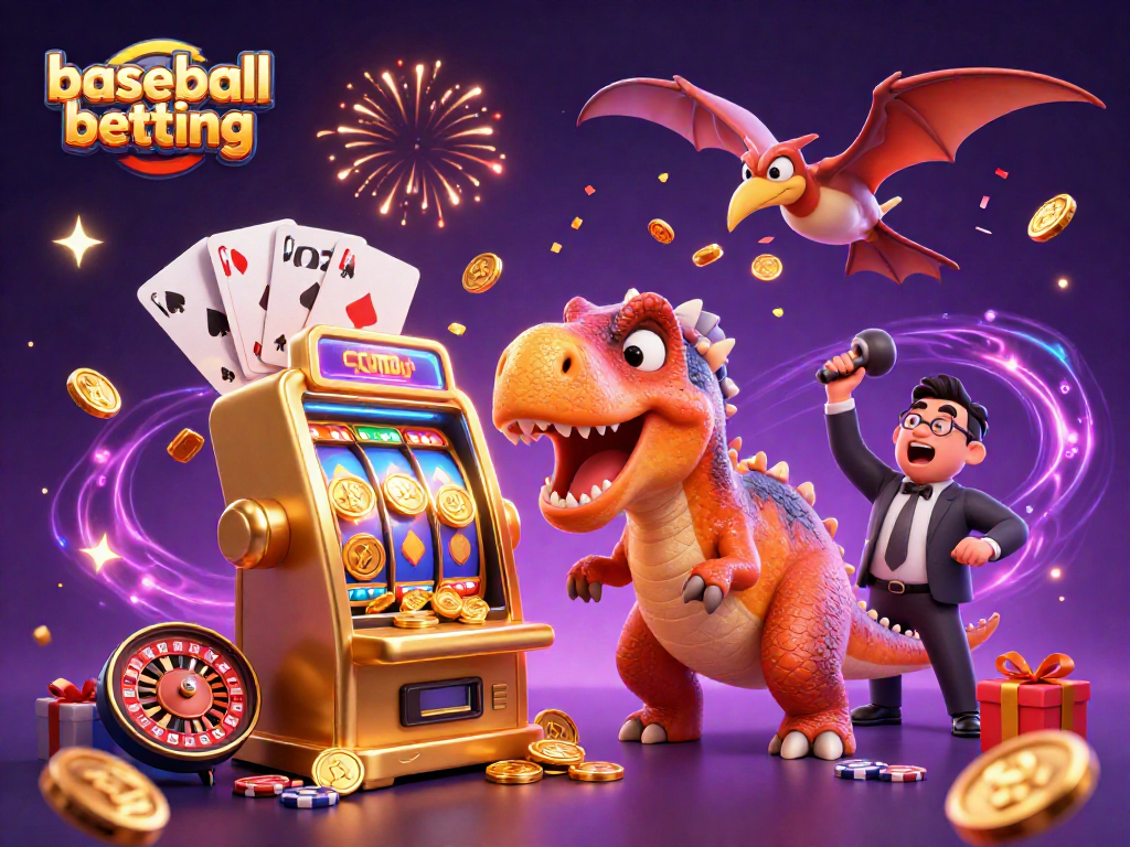 Experience thrilling baseball betting with cartoon dinosaurs enjoying a jackpot celebration!