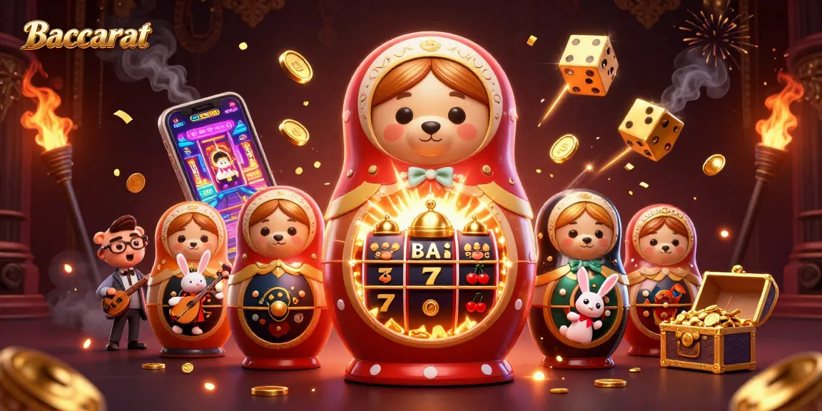 Baccarat game scene featuring a playful Matryoshka bear with casino elements, dynamic characters, and vibrant décor.