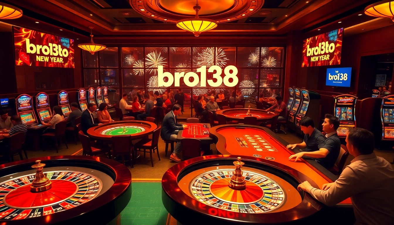 Engage in thrilling gaming at bro138's vibrant New Year celebration, featuring roulette and poker tables.