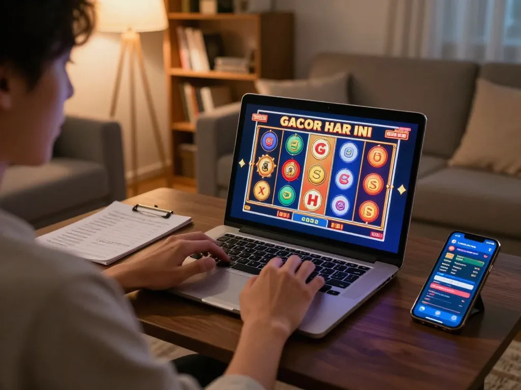 Engaged player enjoying slot gacor hari ini on laptop in a cozy home environment, with strategic notes nearby.