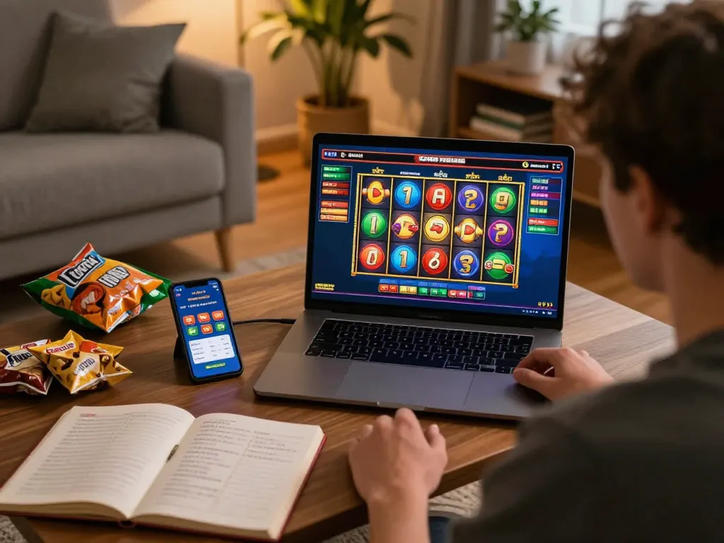 Player enjoying lively slots not on gamstop on a laptop at home, surrounded by cozy atmosphere.