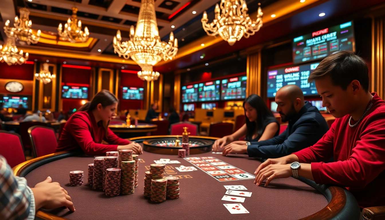Players enjoying a vibrant poker game at https://lc88pro.com/, showcasing thrilling casino excitement and luxury.