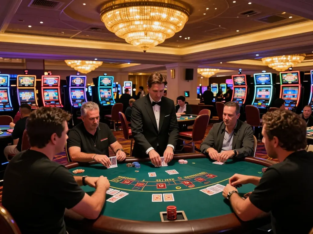Players at a blackjack table in an upscale casino environment, showcasing casinosscope strategies in action with intense focus and warm lighting.