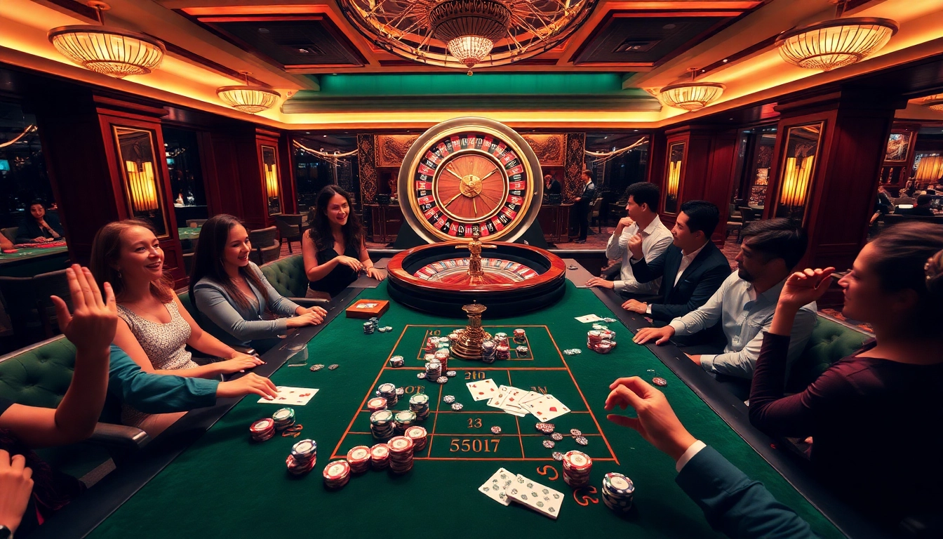 Players enjoying a thrilling gambling experience at a luxury138 casino table with poker chips and cards.