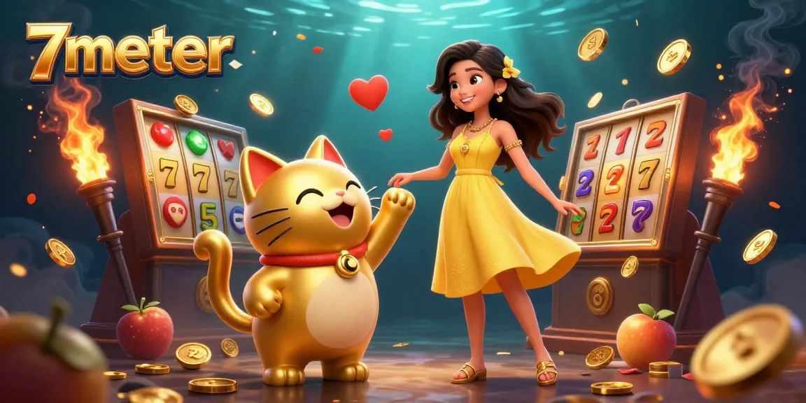 Experience vibrant casino fun with 7meter featuring a lucky cat and colorful slot visuals.