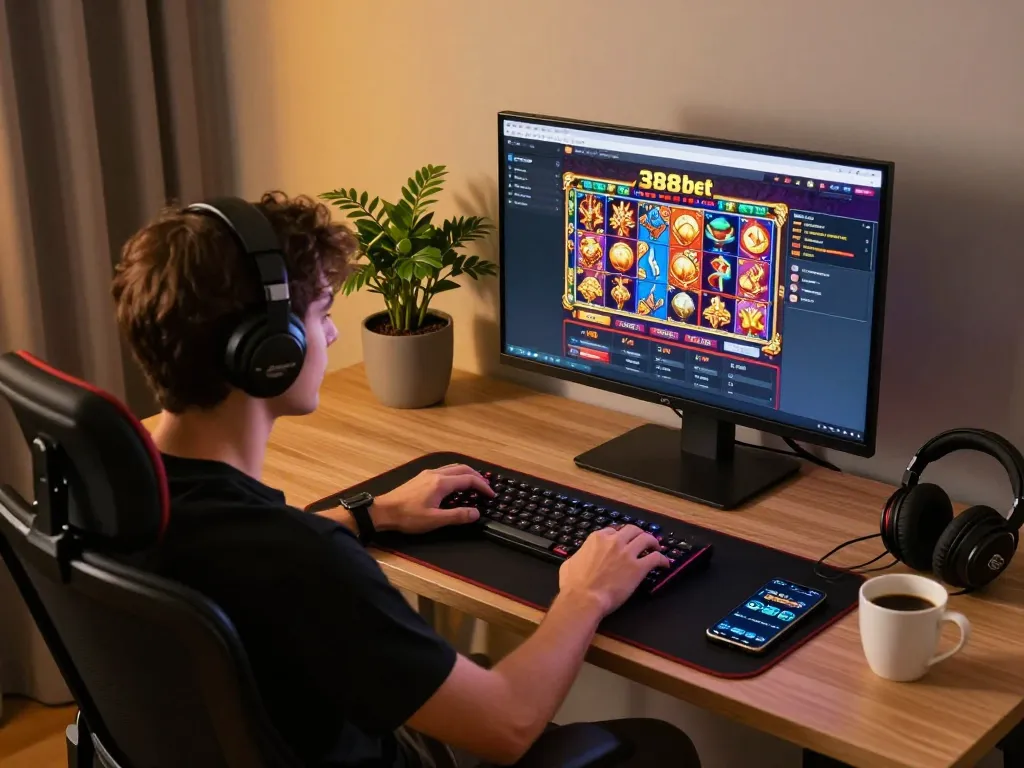 Player engaging with online casino interface on 388bet, showcasing dynamic gameplay and a cozy home setting.