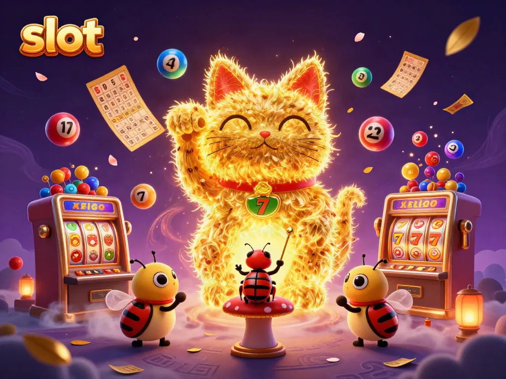 Menghentak slot, simbol keberuntungan dengan efek uang yang jatuh dan lampion yang bersinar di kasino