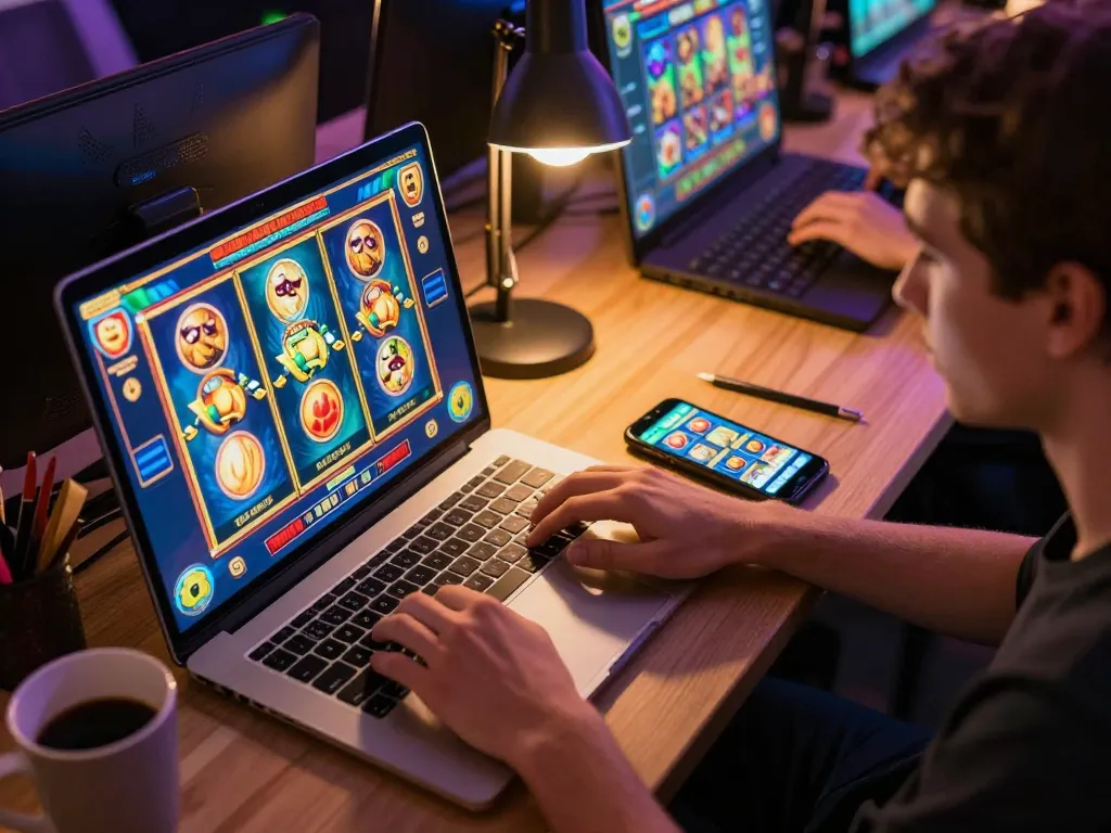Engaging in slot online gameplay from a cozy home office with a laptop and smartphone.