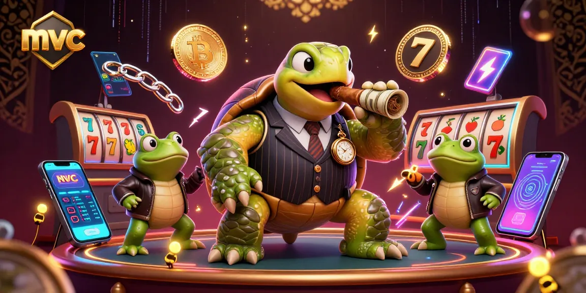 Experience the excitement of gambling at mvc with a vibrant casino scene featuring a snapping turtle mobster and bullfrog enforcers.