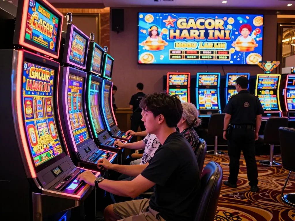 Players celebrating at vibrant casino slot machines for slot gacor hari ini.