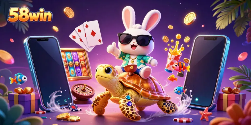 Engage with 58win as a lucky rabbit rides a golden turtle amidst casino elements