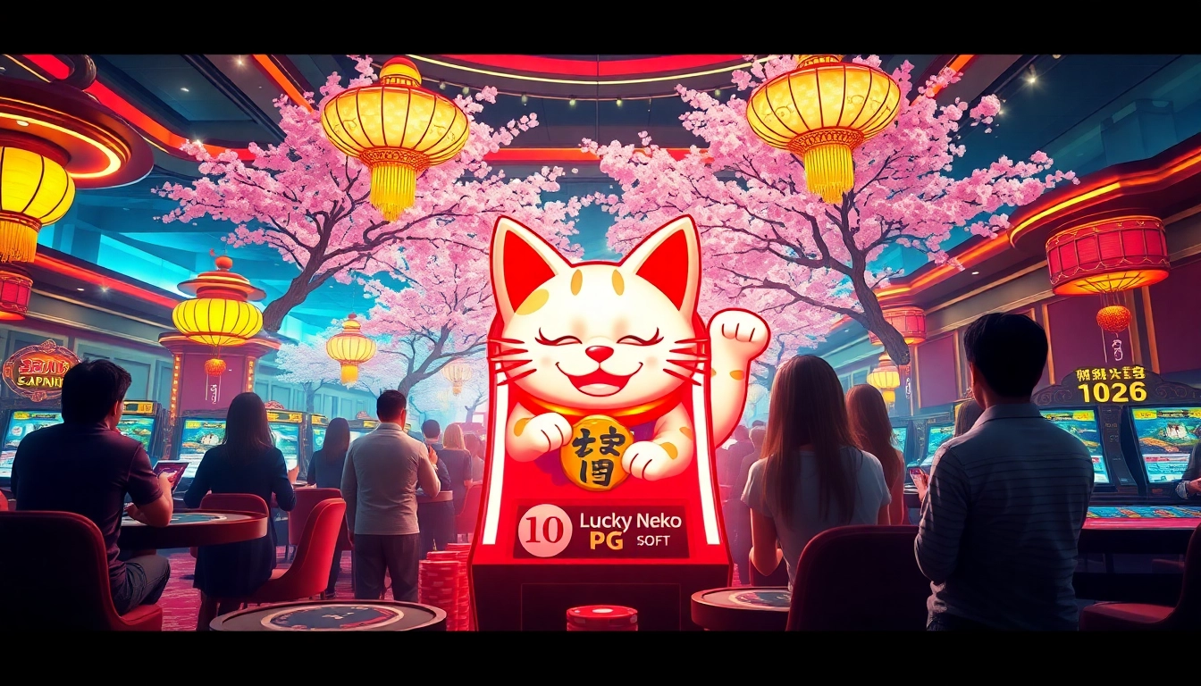 Win big with Lucky Neko PG Soft รับฟรี 100 at a vibrant Japanese-themed casino slot machine.