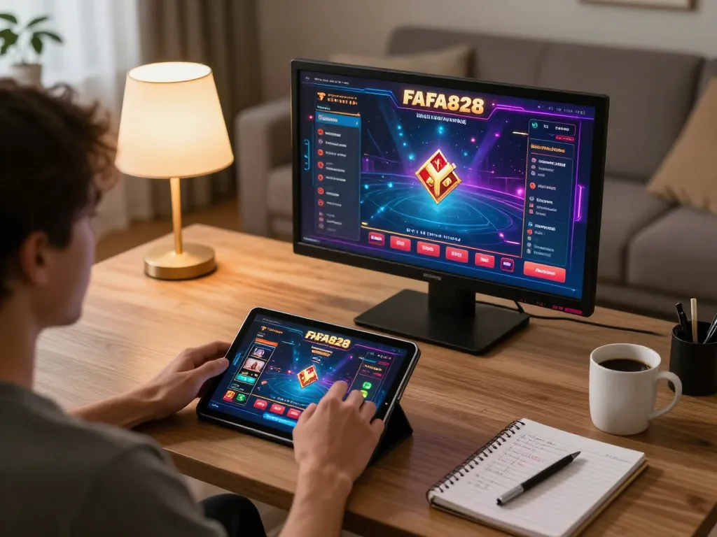 FAFA828 player enjoying online casino gaming on tablet in a cozy home setting
